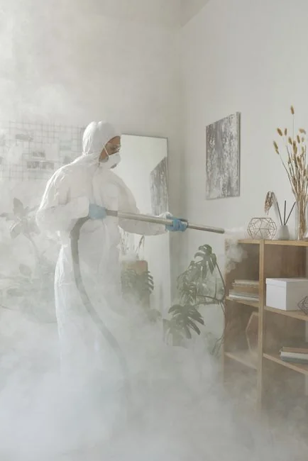 A person in protective gear sanitizing an office desk using fumigation equipment during daytime.